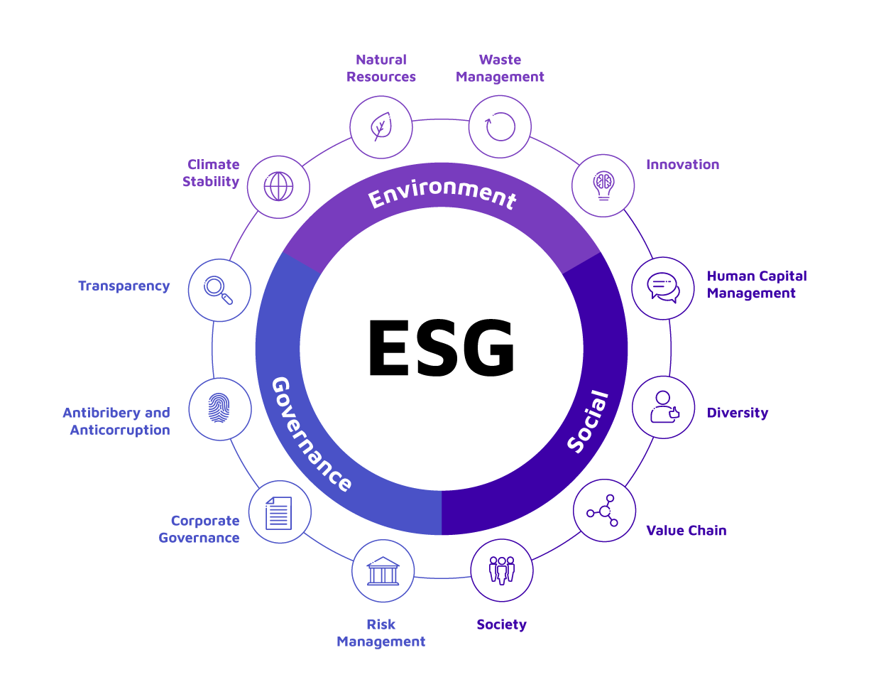 The different aspects of the environmental, social, and governance (ESG) framework/approach/standard.