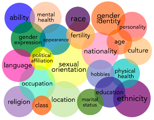 Colourful intersecting circles of many different colours with text inside the circles to represent a person's different personal and social identities.