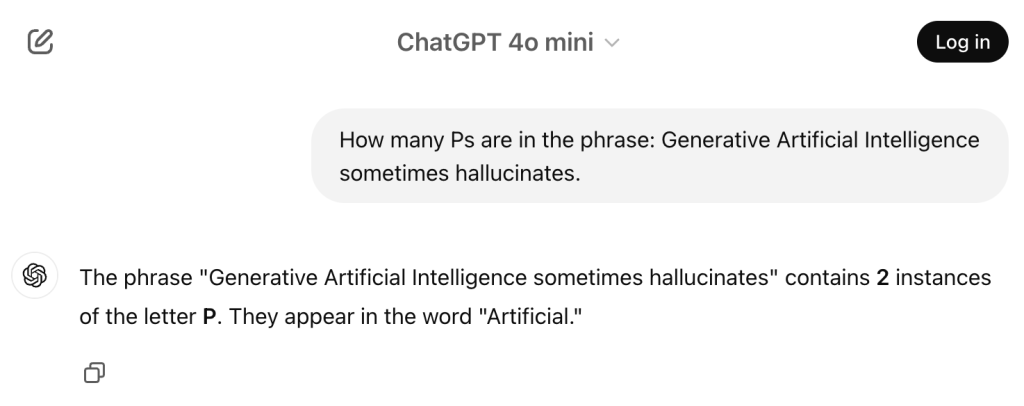 Example of AI hallucination where ChatGPT incorrectly identifies the number of instances of the letter P in the phrase "Generative Artificial Intelligence sometimes hallucinates" as two.