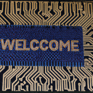 a front door welcome mat that looks like it's made from computer circuitry