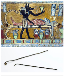 top portion shows Egyptian practices after death and bottom portion shows tools used to scramble and remove brain in these practices