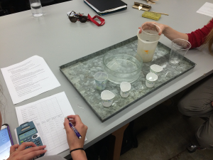 Figure shows the equipment used for the experiments. A large tray contains a 1000 ml beaker and a student is holding a 500 ml clear cup with holes over the larger beaker. On the tray, there is also a 500 ml clear cup without holes, a large bowl with water, four 120 ml (smaller) cups, and one 200 ml (medium sized) cup. Another student is filling out a data sheet.