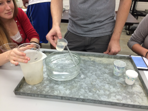 Figure illustrates how threshold is reached in a trial demonstrating temporal summation. One student holds the clear cup with holes over the 1000 ml beaker while another student repeatedly fills and empties a small beaker or cup into the large plastic cup with holes in the bottom.