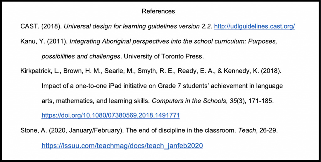 Example of a reference list page for a paper showing four reference examples from the previous source type section in alphabetical order.