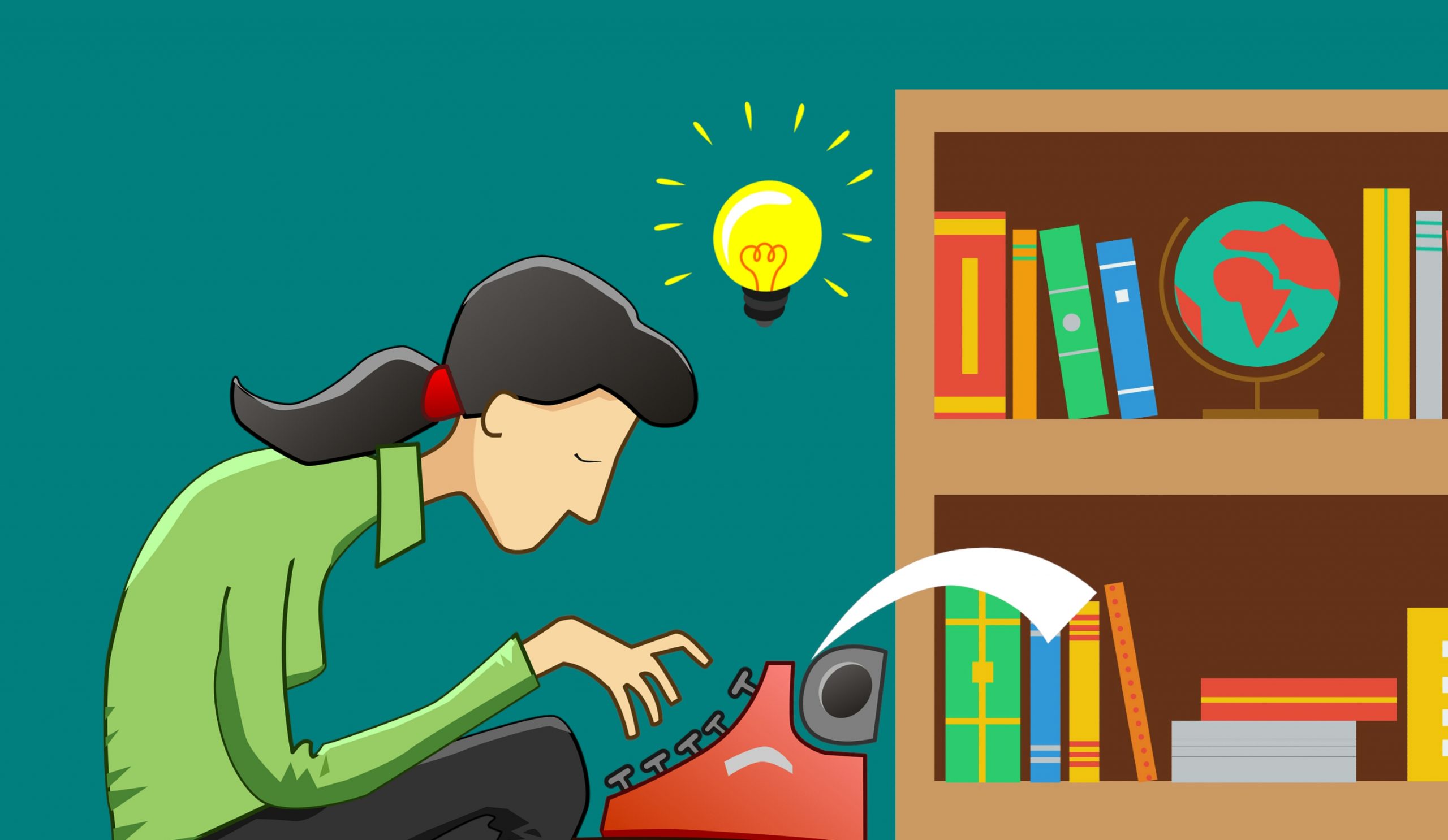 Writer with a long black ponytail wears a green collared shirt with a shining lightbulb above their head symbolizing having an idea. The writer is typing on a red typewriter in a teal coloured room with a brown bookcase filled with books and a globe.
