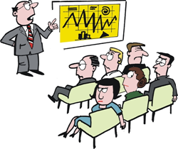 Clipart image of a disinterested audience during a presentation.