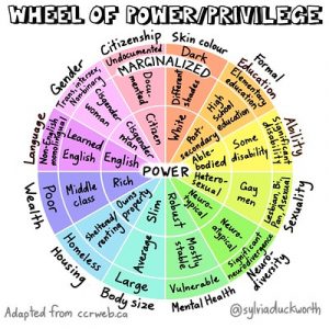 Circle with various identities showing that the closer you are to the centre of the circle in identity (For example, Being white oe cisgender) the more power you have. The closer you are to the rim of the circle, the more marginalized and less powerful you are.