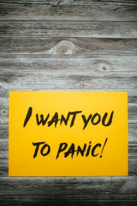 A protest sign saying "I want you to panic!" referring to the seriousness of climate change.