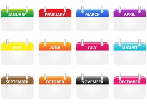 Twelve images of each month of the year, each with a different coloured banner showing the month and a white space where the dates would be shown. The images are organized in month order and in a 4 by 3 months rectangle grid pattern.