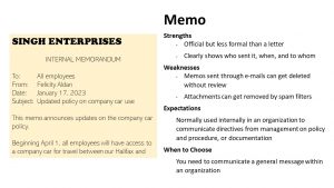 Memo-- Strengths: Official but less formal than a letter; Clearly shows who sent it, when, and to whom. Weaknesses: Memos sent through e-mails can get deleted without review; Attachments can get removed by spam filters. Expectations: Normally used internally in an organization to communicate directives from management on policy and procedure, or documentation. When to Choose: You need to communicate a general message within an organization.