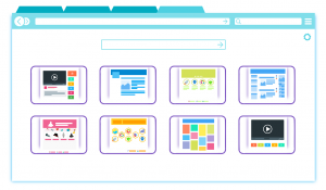 An illustration of a web browser template. It has a light blue menu bar at the top, a search bar just below on the main page, and displays eight small windows showing different apps. The apps are arranged in two lines of four.