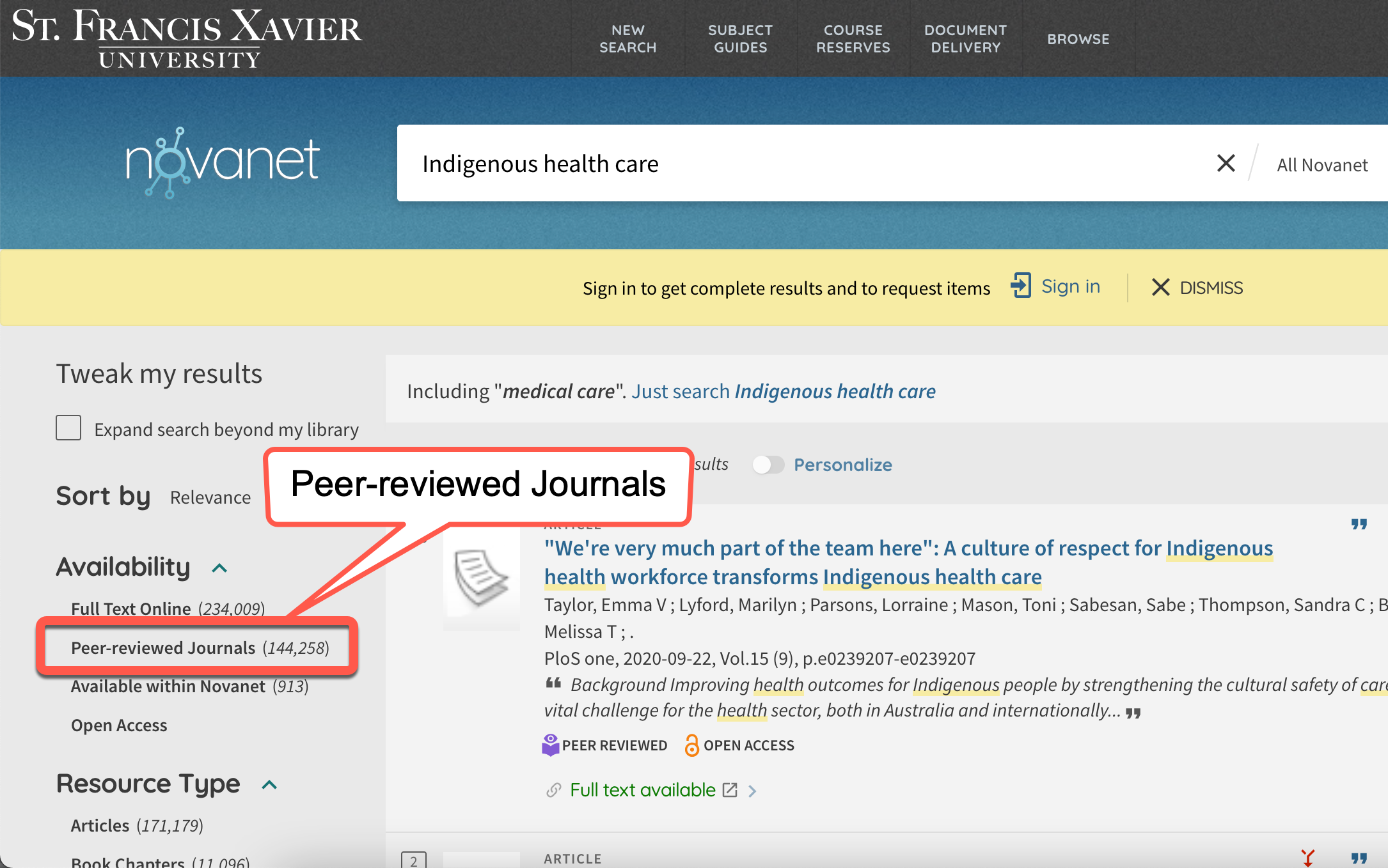 Screenshot of Novanet with the Peer-reviewed journals filter highlighted