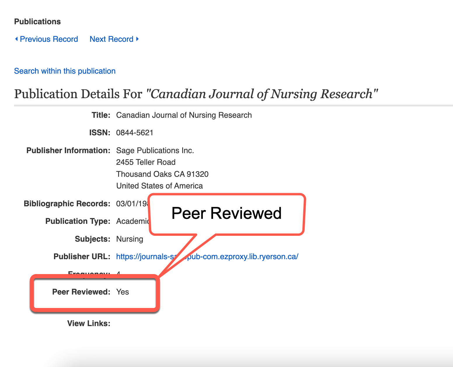 Screenshot of a journal record in a database with "Peer Review" status highlighted