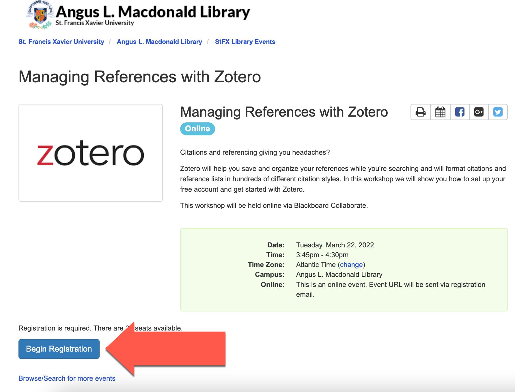 Screenshot of the booking webpage for Library Workshops highlighting the Registration button