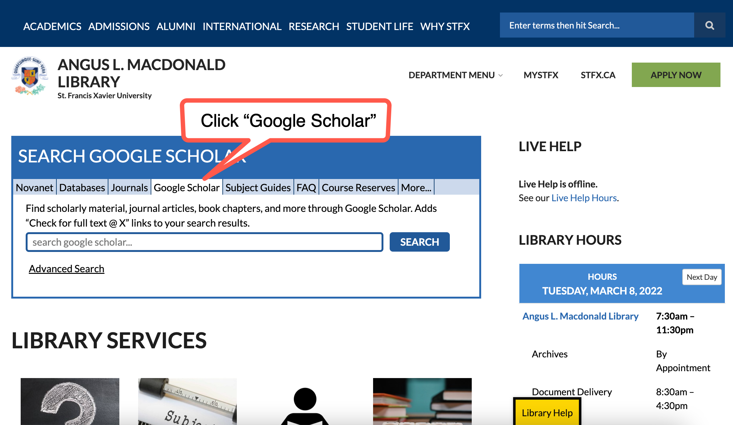 Screenshot of the Library website highlighting the Google Scholar Search Box
