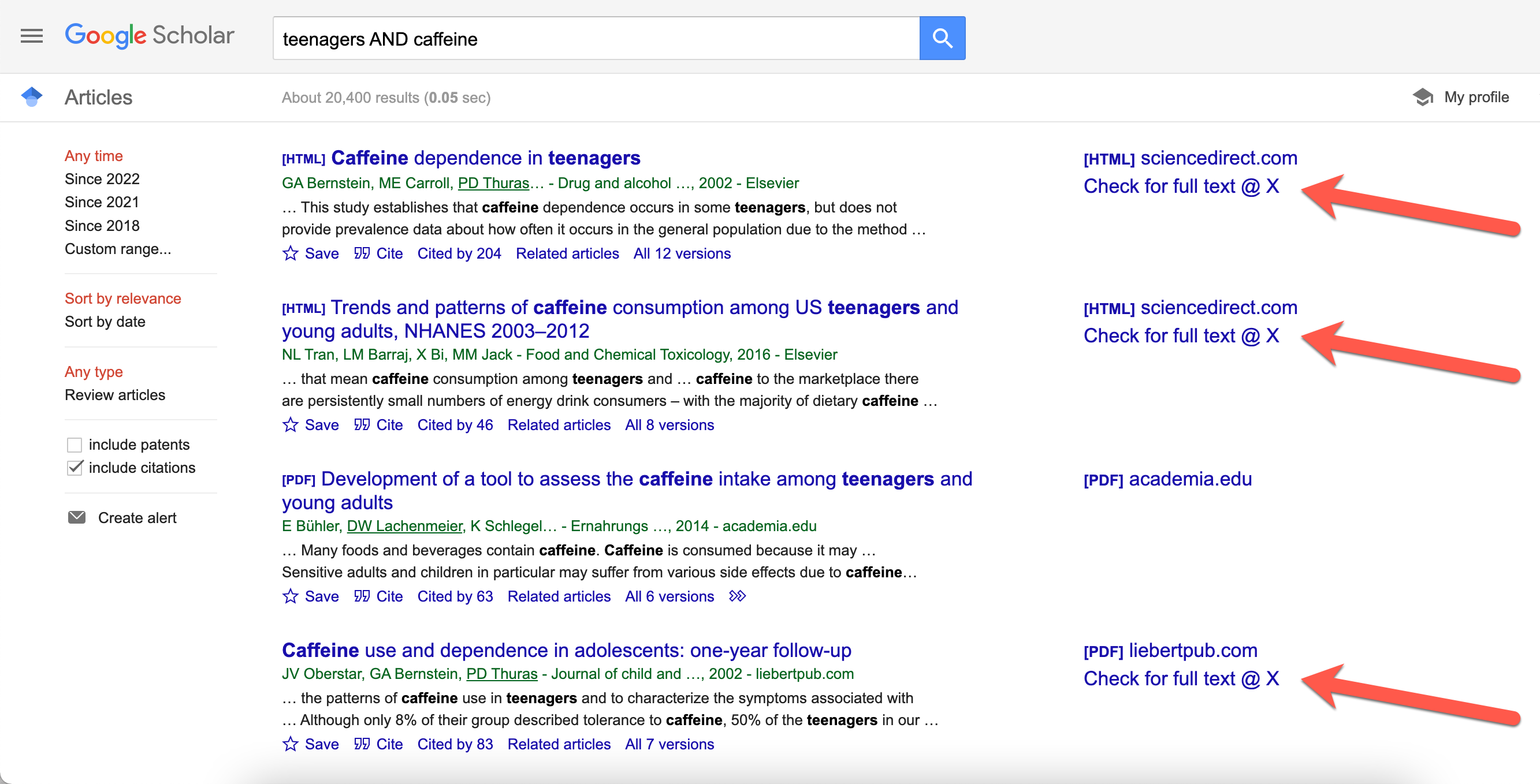 Screenshot of Google Scholar Search Results highlighting the "Check for full text @ X" link