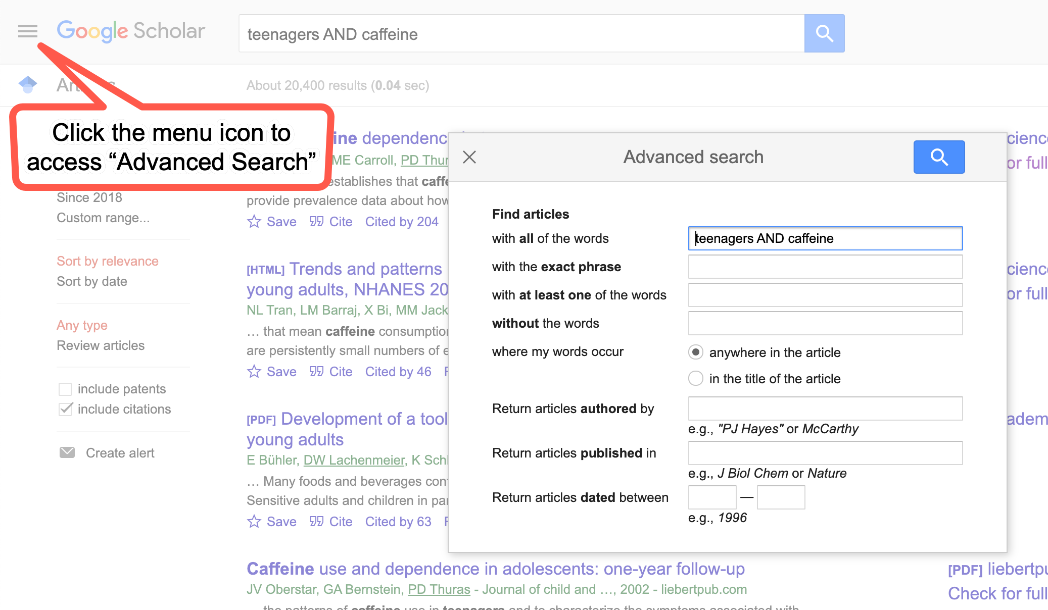 Screenshot of how to access Google Scholar Advanced Search