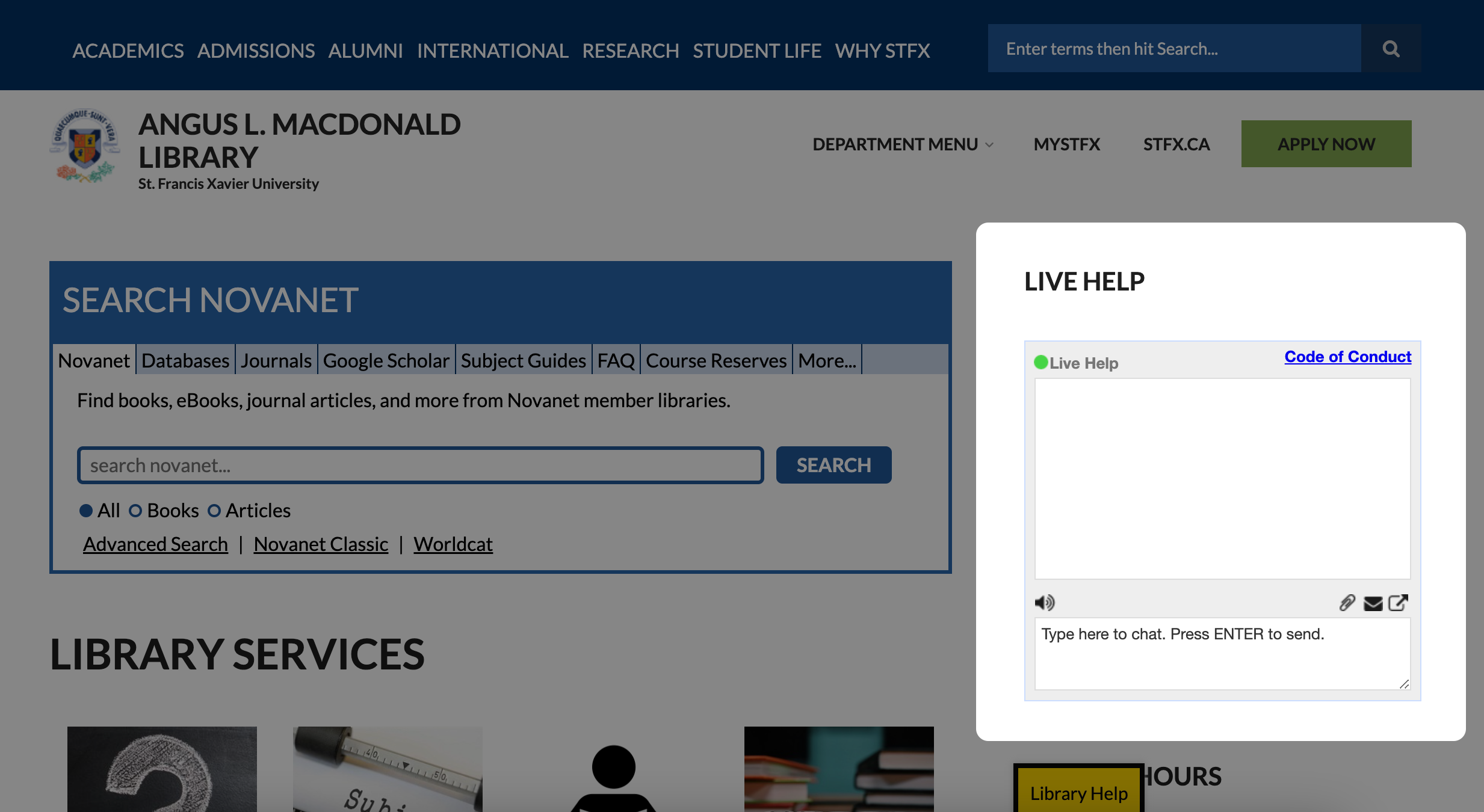 Screenshot of the Live Help Widget on the Library's homepage