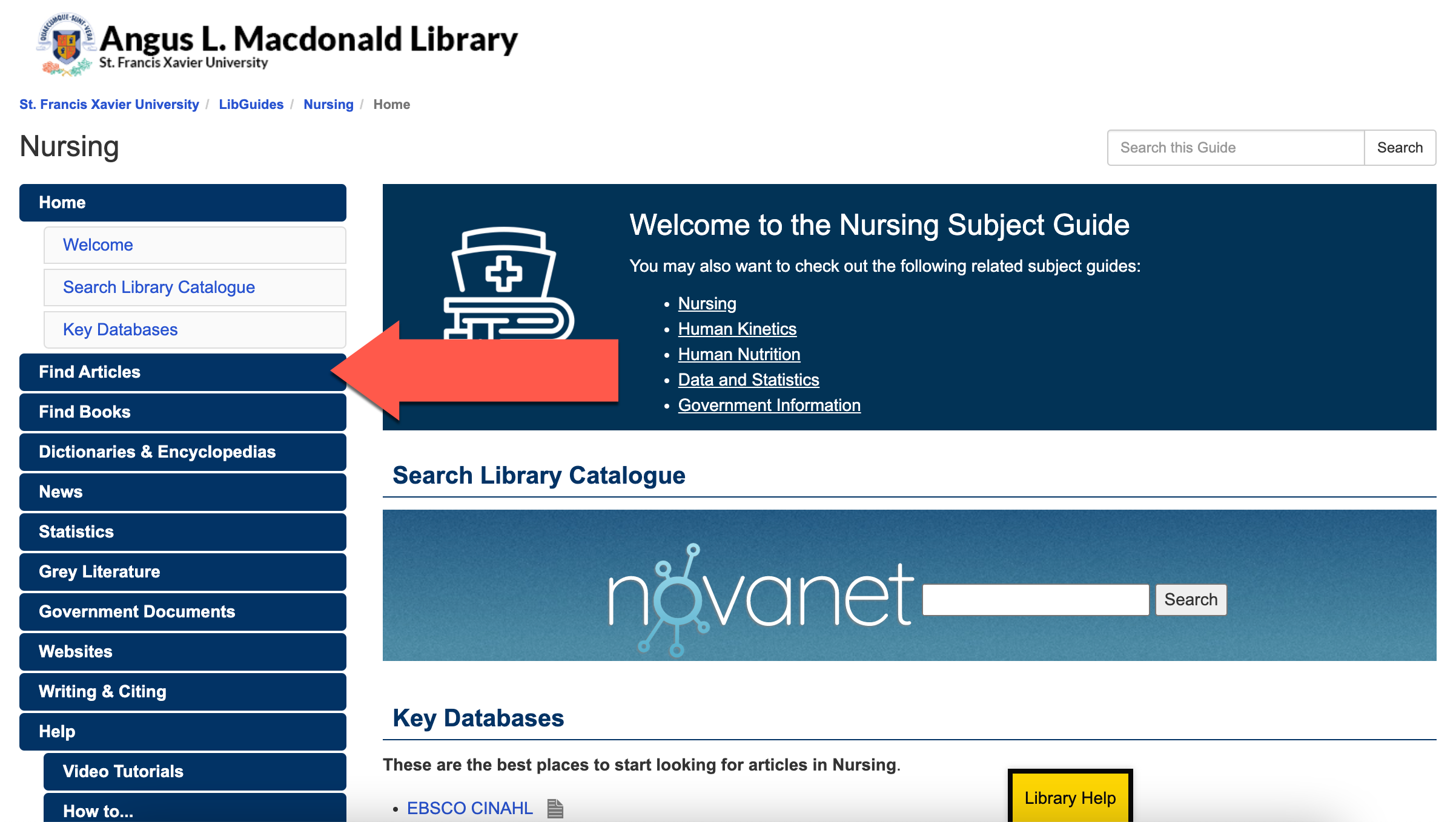 Screenshot of the Nursing Subject Guide highlighting the "Find Articles" tab