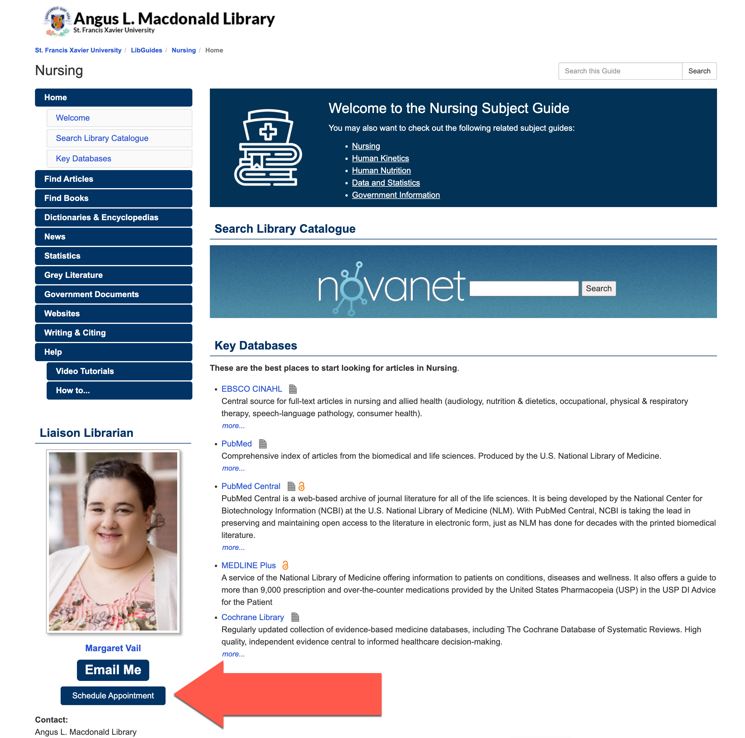 Screenshot of the Nursing Subject Guide highlighting the link to Schedule an appointment with Margaret Vail