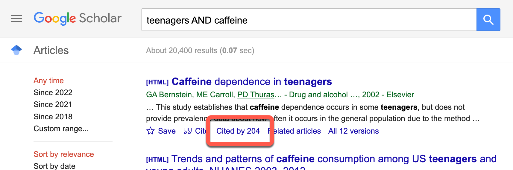 Screenshot of Google Scholar search results highlighting the "Cited By" link