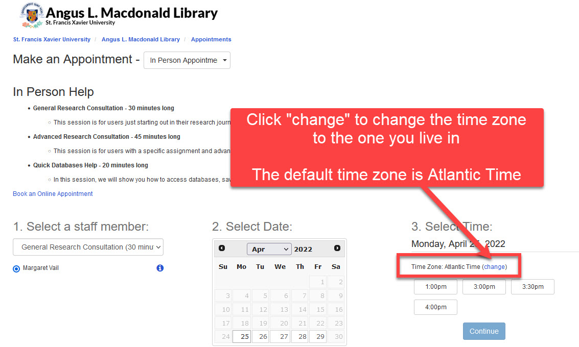 Screenshot of the webpage to book an appointment with a Librarian highlghting the option to change the time zone