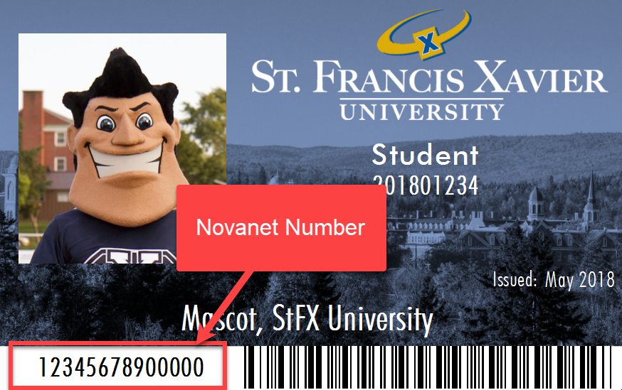 Example StFX ID card with the location of the Novanet Number Highlighted