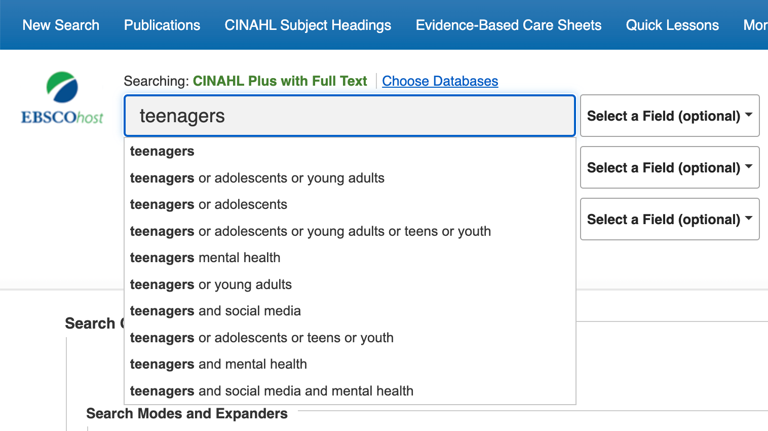 Screenshot of EBSCO CINAHL suggesting Search Terms
