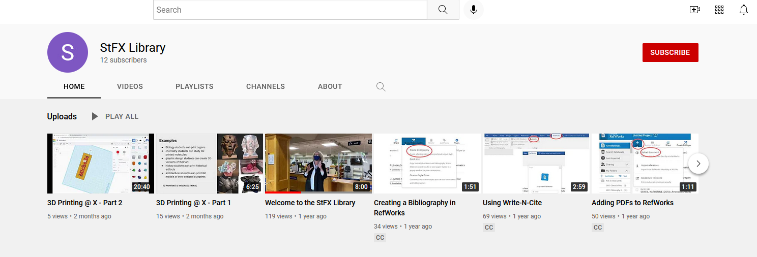 Screenshot of the Library Youtube page