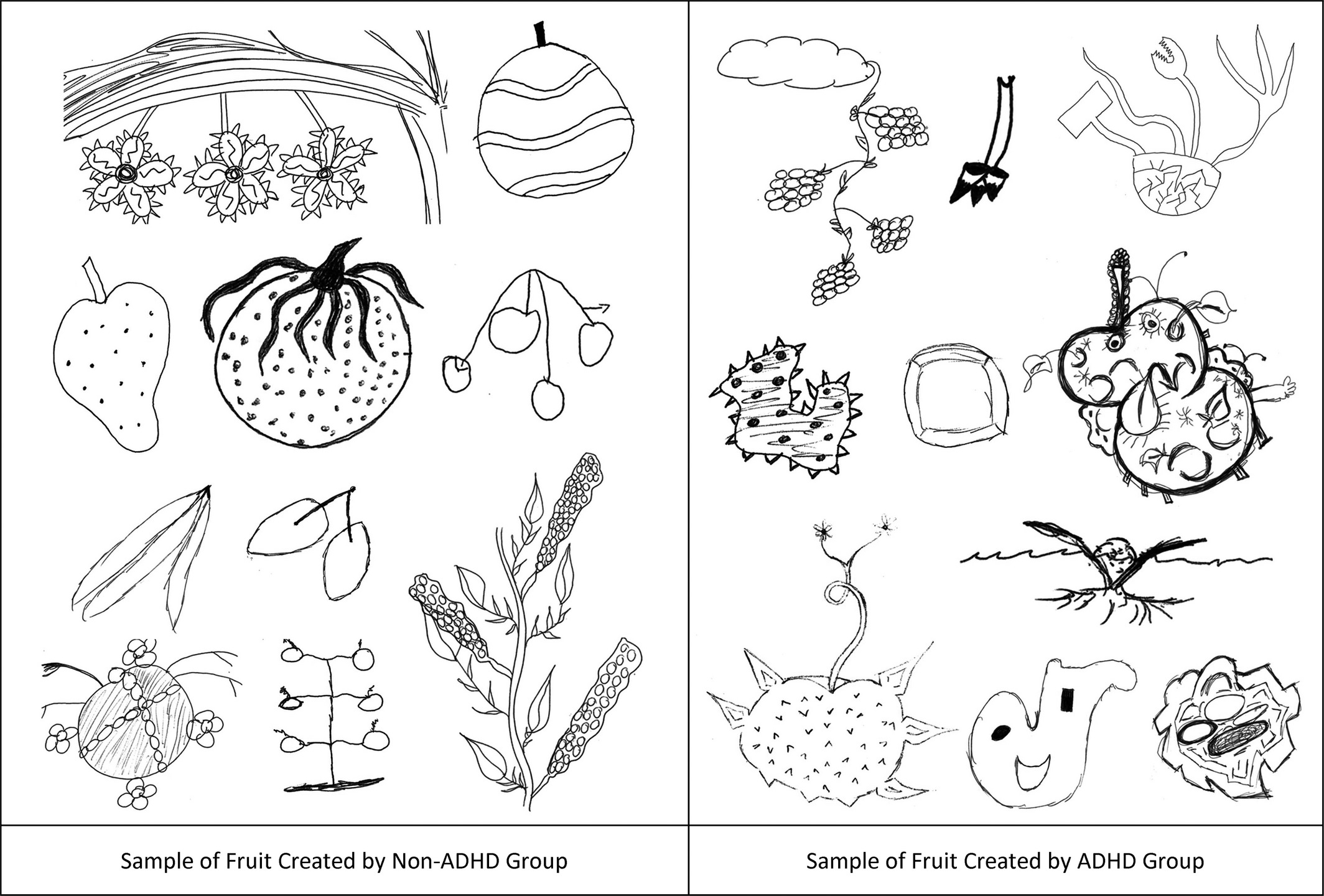 Image shows two sets of drawings of 'alien fruit'. The drawings on the left side are by non-ADHD individuals and look similar to regular fruit. The drawings on the right, by the ADHD group are much more atypical and unique.