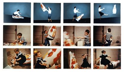 The image displays three rows of four photos each. In the first row from left to right, an adult is seen sitting on a bobo doll, throwing a bobo doll, punching a bobo doll, and kicking a bobo doll. In the second and third rows, two different children are seen imitating the same actions.