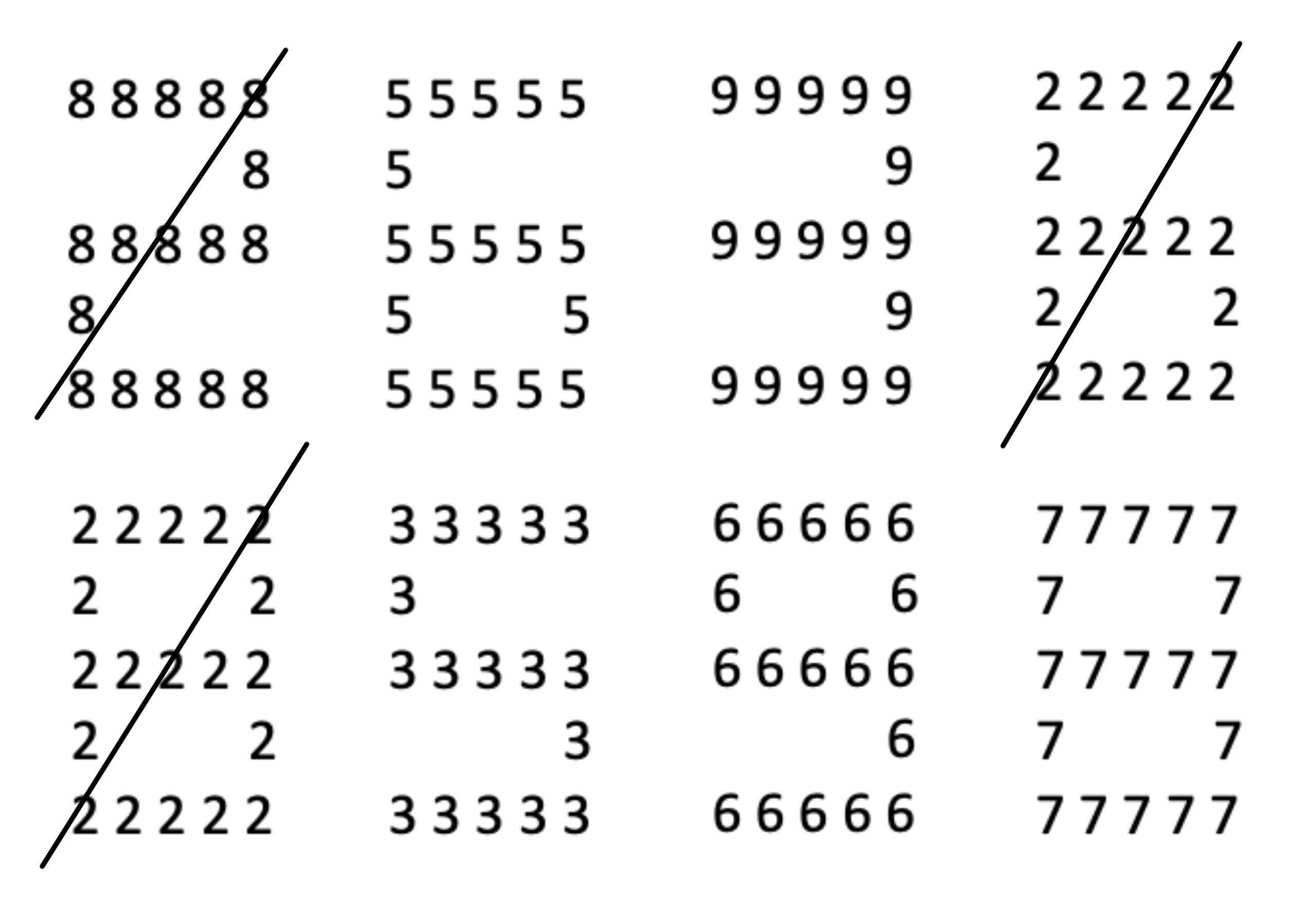 Two rows of four numbers. In all cases, the numbers themselves are made up of smaller numbers. On the top row the numbers presented are 2 (created out of 8's), 6 (created out of 5's), 3 (created out of 9's), and 6 (created out of 2's). The first and last numbers are crossed out.