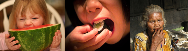Photograph “left” shows a child eating watermelon. Photograph “centre” shows a young person eating sushi. Photograph “right” shows an elderly person eating food.