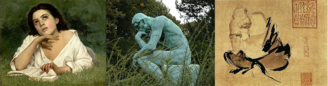 Three side by side images are shown. On the left is a person lying in the grass with a book, looking off into the distance. In the middle is a sculpture of a person sitting on rock, with chin rested on hand, and the elbow of that hand rested on knee. The third is a drawing of a person sitting cross-legged with his head resting on his hand, elbow on knee.