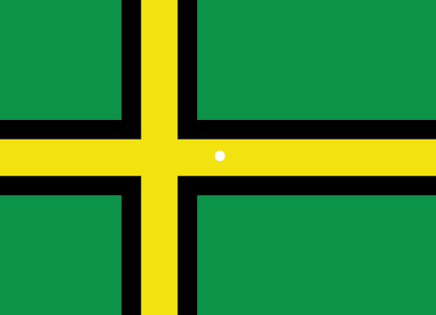 An illustration shows a green flag with thick, black-bordered yellow lines meeting slightly to the left of the center. A small white dot sits within the yellow space in the exact center of the flag.