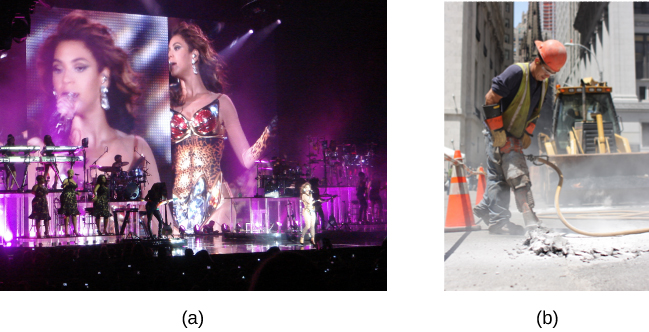 Photograph A shows Beyoncé performing at a concert. Photograph B shows a construction worker operating a jackhammer.
