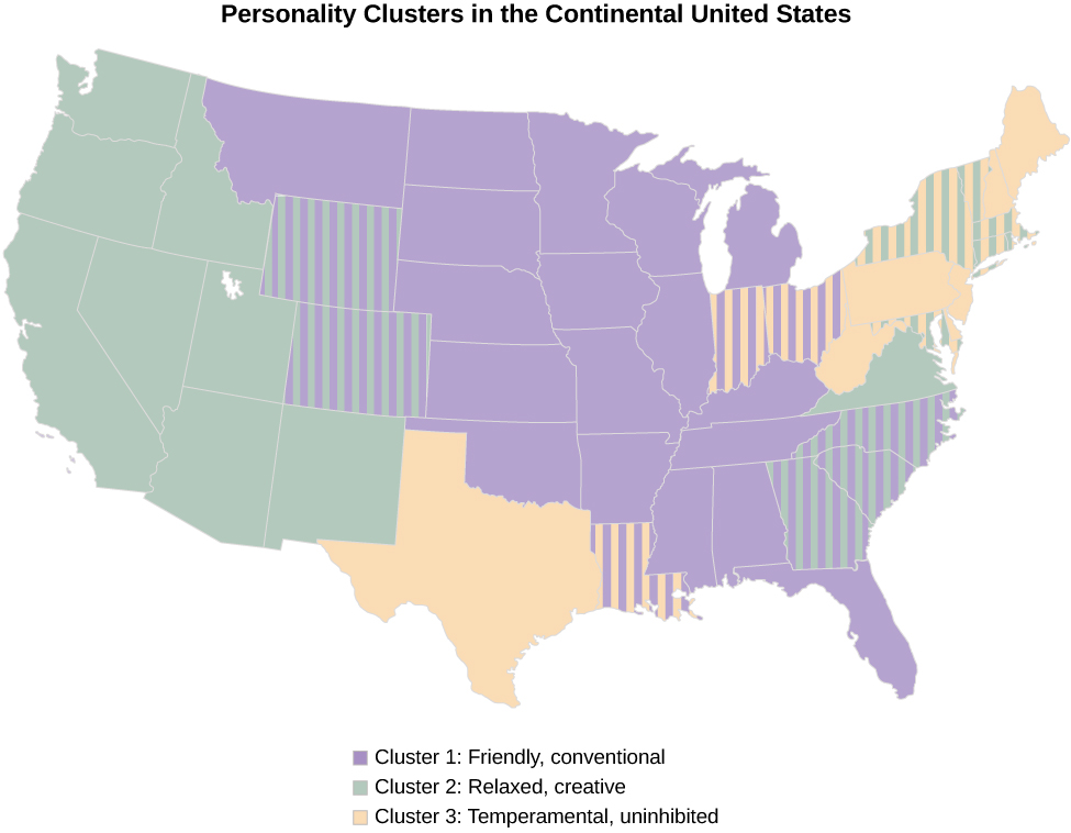 A map of the United States is shown. Above it is the label “Personality Clusters in the Continental United States.” Below it is a legend which defines areas in the map as either, “Cluster 1: friendly, conventional;” “Cluster 2: relaxed, creative;” or “Cluster 3: temperamental, uninhibited.” Cluster 1occurs mainly in the center of the country. Cluster 2 occurs mainly on the west side of the country. Cluster 3 occurs mainly in the North-East region of the country and also in Texas. These are generalizations; there are several states which are comprised of a combination of two different clusters.