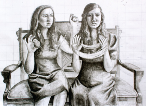 Illustration of two people sitting on a bench. One winds thread around her hands; the other holds the loose end and the ball of thread.