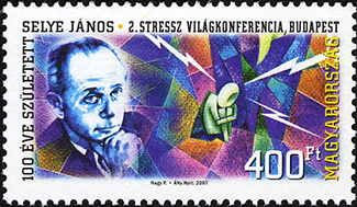 A postal stamp featuring Hans Selye is shown.