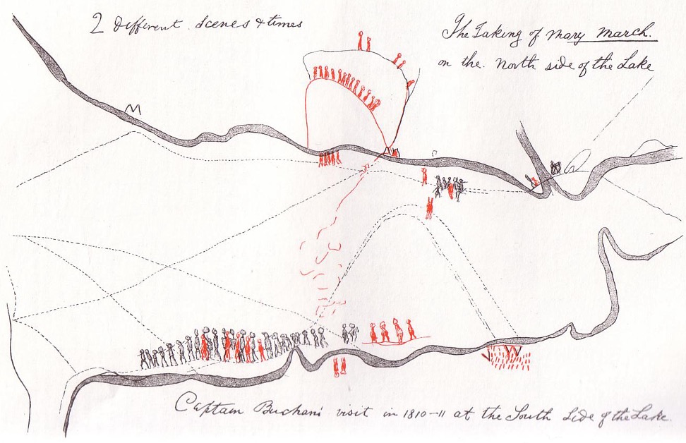 Hand-drawn, grey, white, and red, map, depicting of the kidnapping of Indigenous (Beothuk) woman Demasduwit (Mary March) in 1829, drawn by her niece Shanawdithit (Nancy April) in territory now known as Newfoundland and Labrador (Canada)