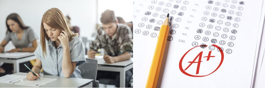 Two photos side by side, on left show someone looking stressed while taking an exam, on right a close up of a multiple choice answer sheet.