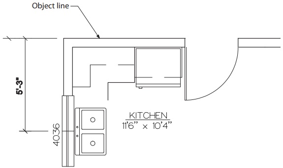 Kitchen plan identifying the wall as an example of an object line