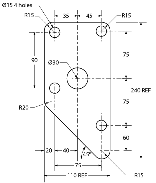 Technical drawings showing dimensioning techniques for circles and holes