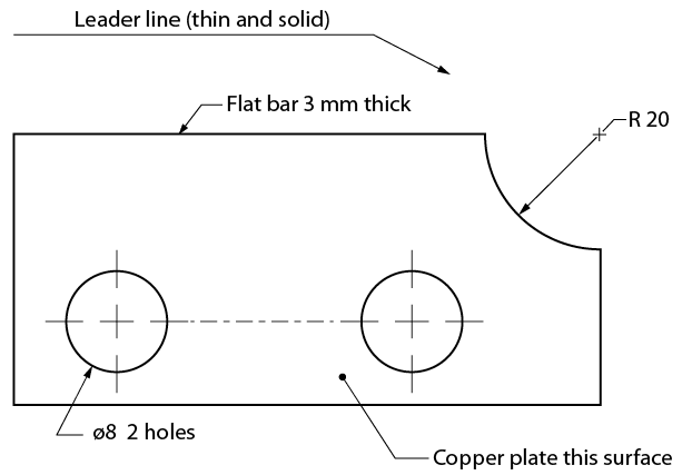 Technical drawing showing circle centers and radius