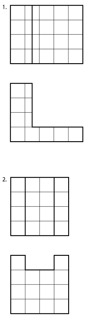 Orthographic views of two object, numbered 1 and 2