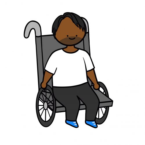 Cartoon of human in wheelchair.