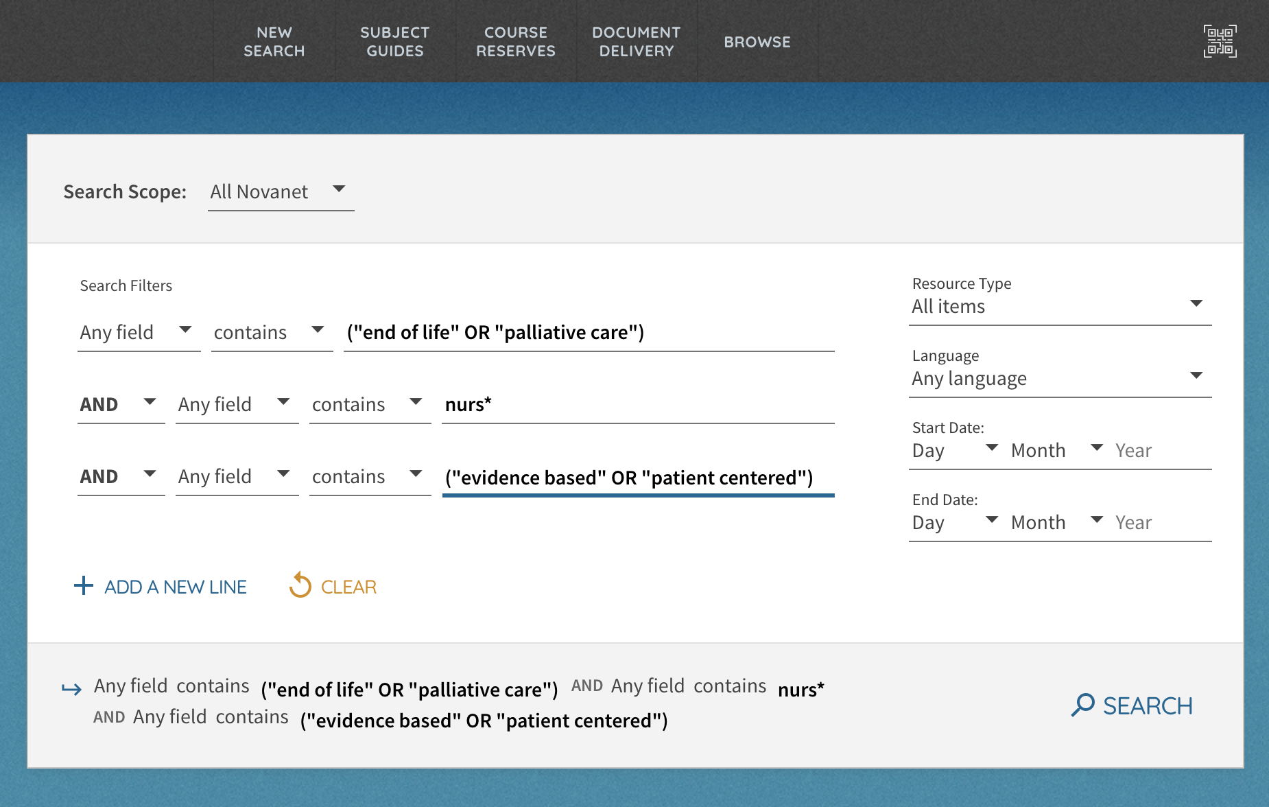 Screenshot of the Novanet Advanced Search using Boolean Operators