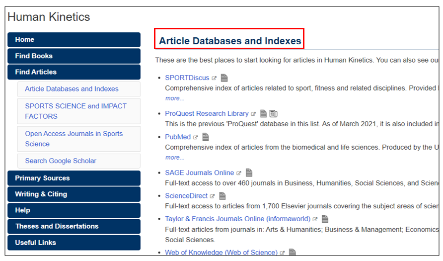 Image of the Find Articles page of the Human Kinetics subject guide