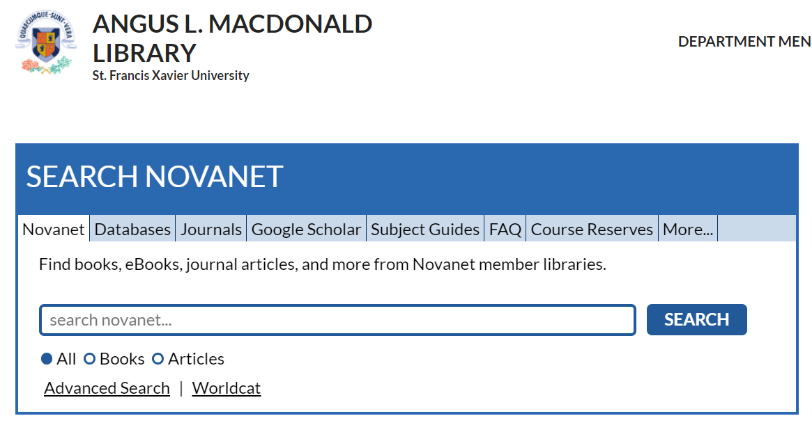 Image of the Novanet search box on the library home page.