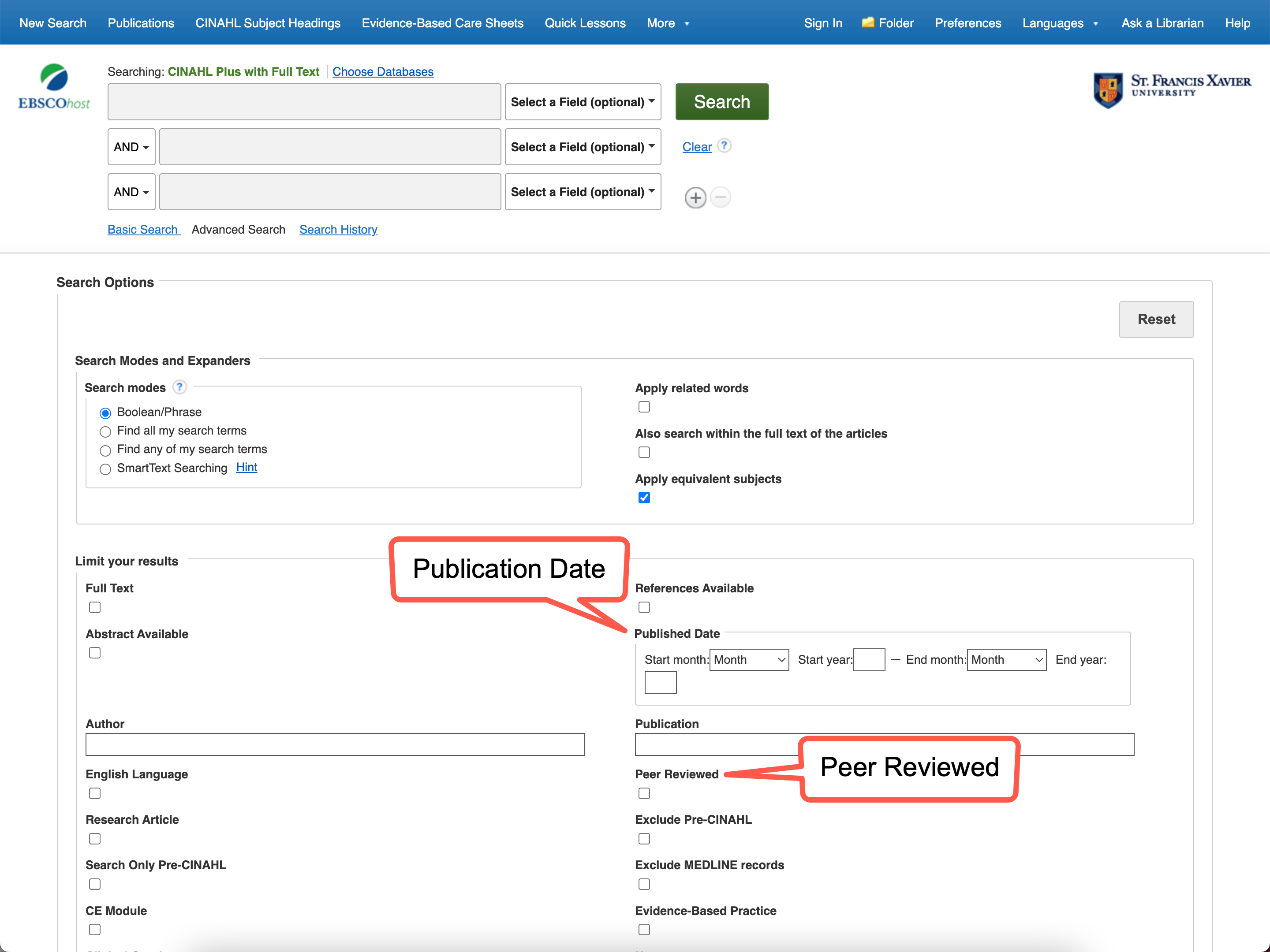 Screenshot of EBSCO CINAHL's Advanced Search page highlighting the Publication Date and Peer Review search elements